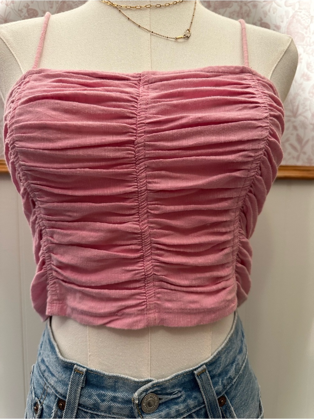 Free People Ruched Pink Spaghetti Strap Crop Top - Picture 4 of 7